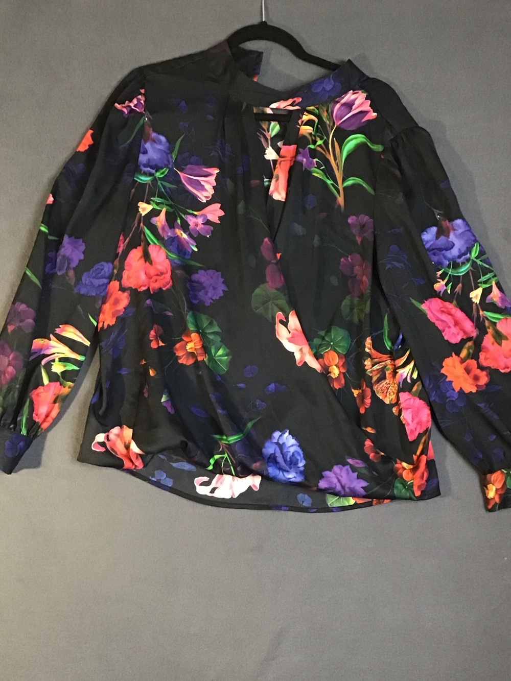 INC International Concepts Black Floral Print Long-Sleeve Blouse